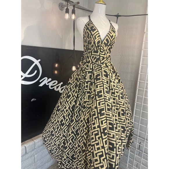 Vacation Dress Gold Black Geometric Print Sleeveless Party Maxi Dress Size 2X - Picture 2 of 10